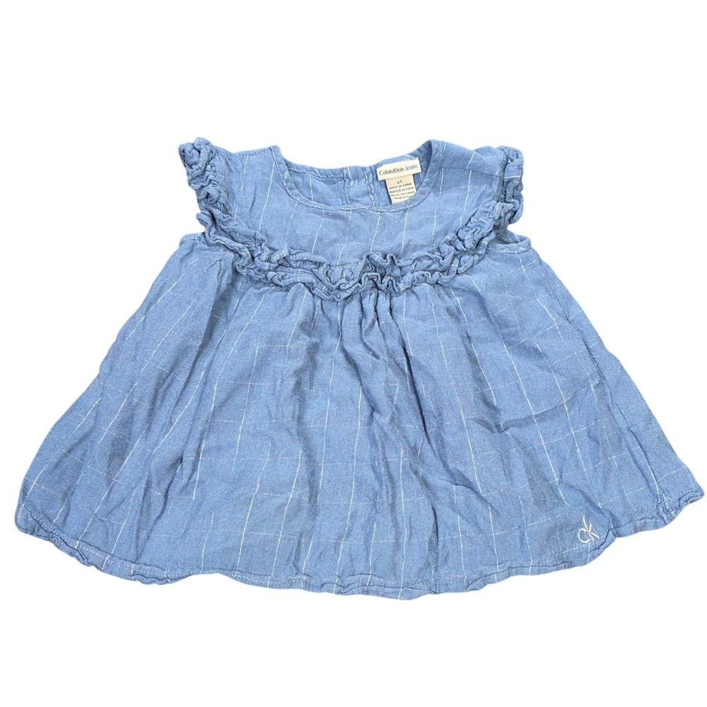 Calvin Klein Jeans Windowpane Ruffle Top Toddler Girl's‎ Size 2T Blue  White